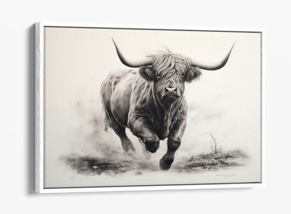 Highland Cow Canvas – Charcoal Sketch Print On Float Effect Canvas Wall Art