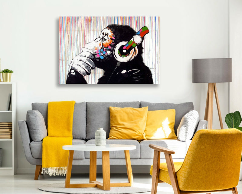 Banksy Canvas Wall Art – Monkey DJ Artwork With Coloured Rain Print, Ready To Hang