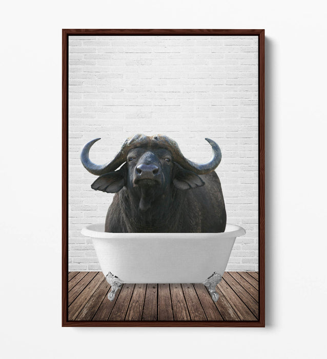 WATER BUFFALO IN BATHTUB -QUIRKY BATHROOM FLOAT EFFECT CANVAS WALL ART PRINT