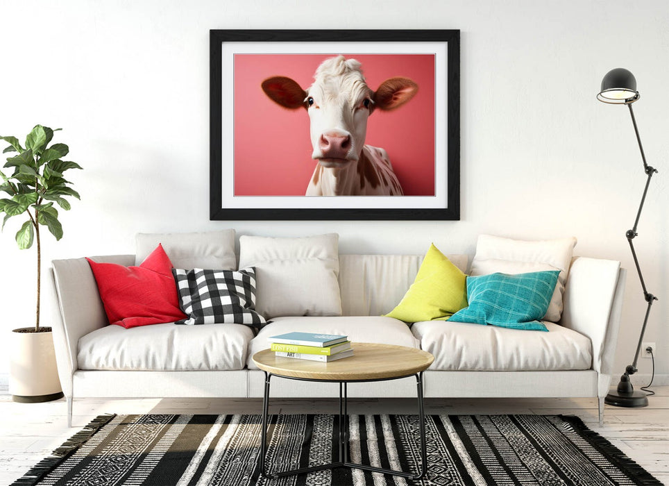 Cow Wall Art - Framed Close Up Print With Pink Background | Handmade UK Home Decor