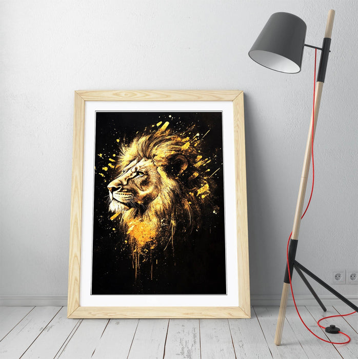 Lion Head Wall Art – Abstract Gold Splash Poster With Faux Wood Frame