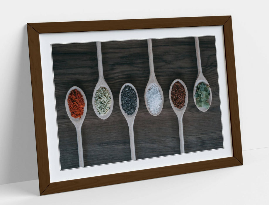 Framed Kitchen Poster – Herbs Spices Print With Woodgrain Effect Frame
