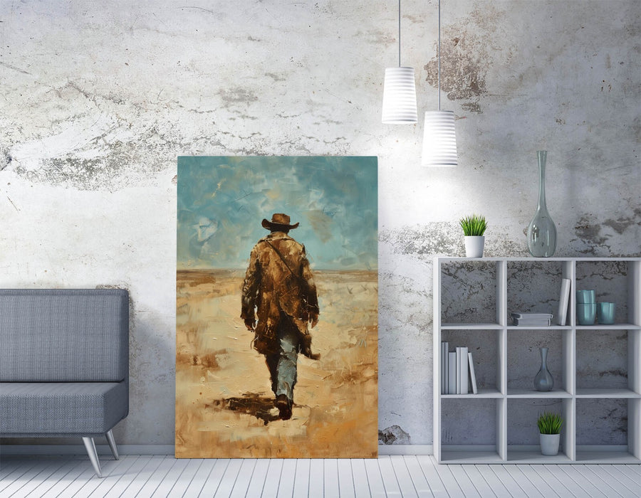 Canvas Wall Art - Wandering Cowboy Blue Sky Landscape Print | Handmade Rustic Decor