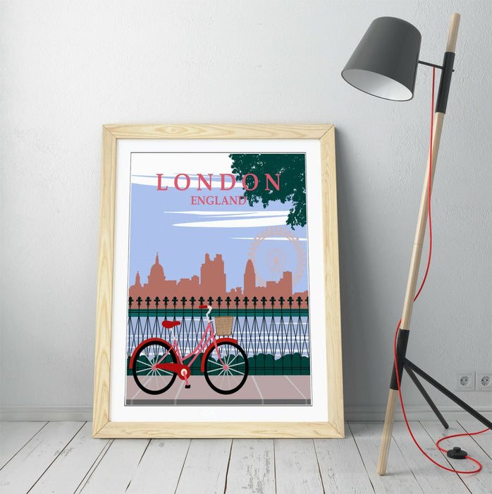 RETRO LONDON ENGLAND TRAVEL POSTER -FRAMED WALL ART PICTURE PRINT- PINK GREEN