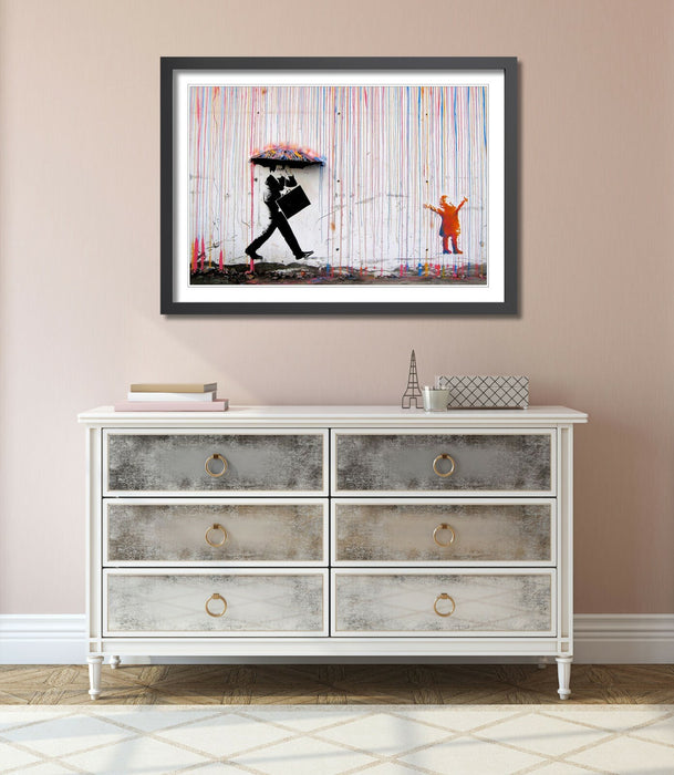 COLOURED RAIN STREET ART FRAMED POSTER PICTURE PRINT ARTWORK 4 size BANKSY