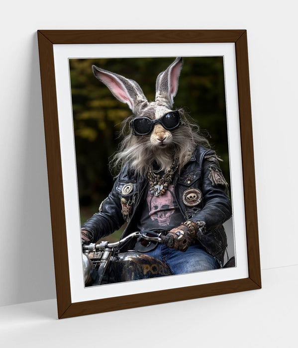 Framed Wall Art Poster - Funny Biker Rabbit Print With High Quality Wood Frame