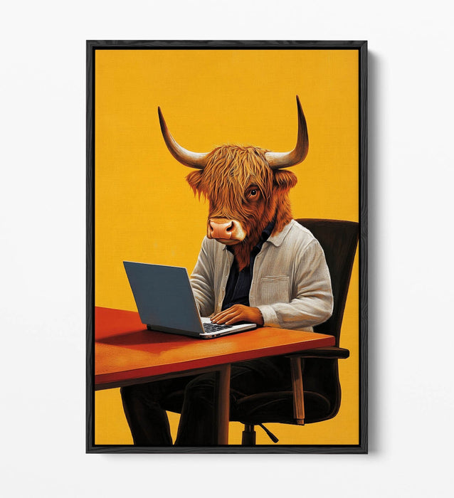 Canvas Wall Art - Anthropomorphic Highland Cow With Laptop | Float Effect, Handmade UK
