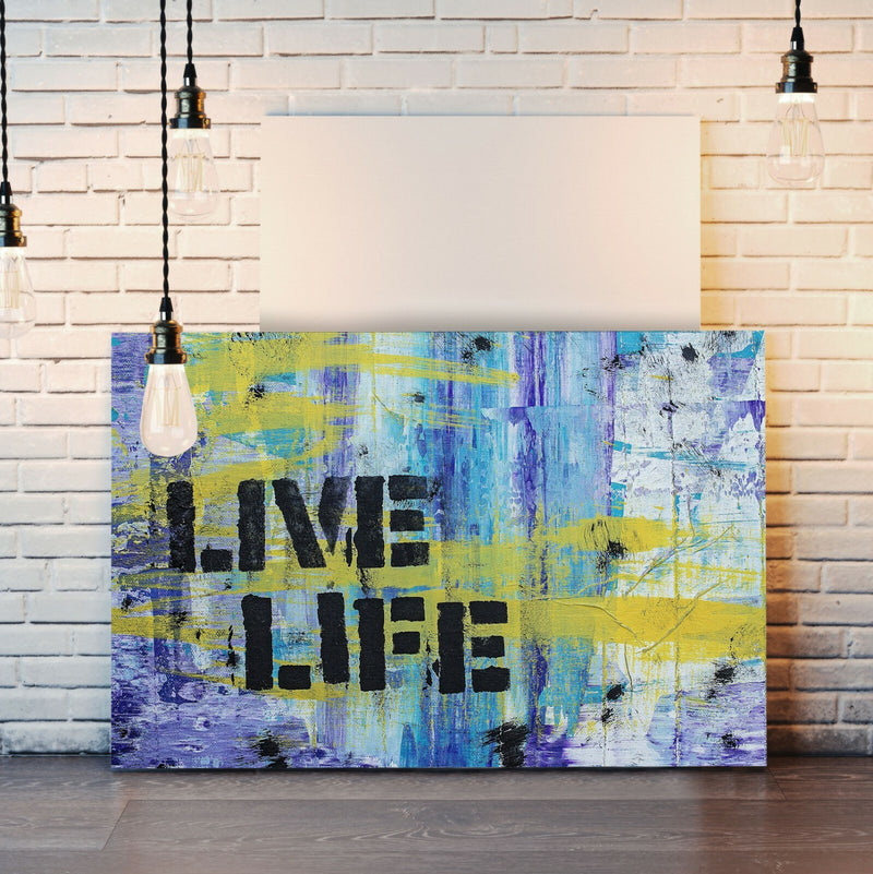 Graffiti Canvas Wall Art – Live Life Quote Blue Yellow Urban Decor Print