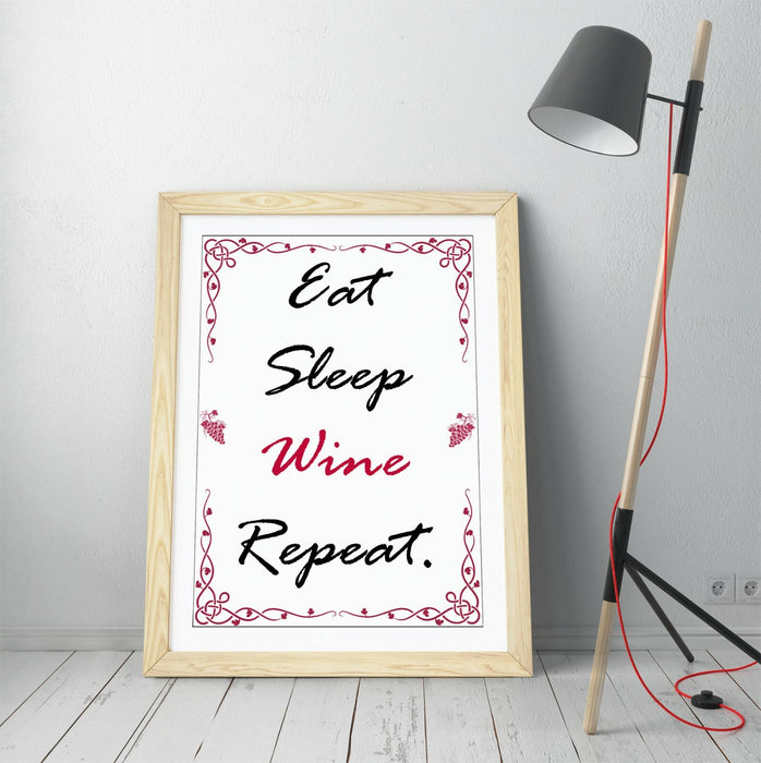 "EAT SLEEP WINE REPEAT" HUMOROUS SLOGAN KITCHEN -FRAMED WALL ART PICTURE PRINT