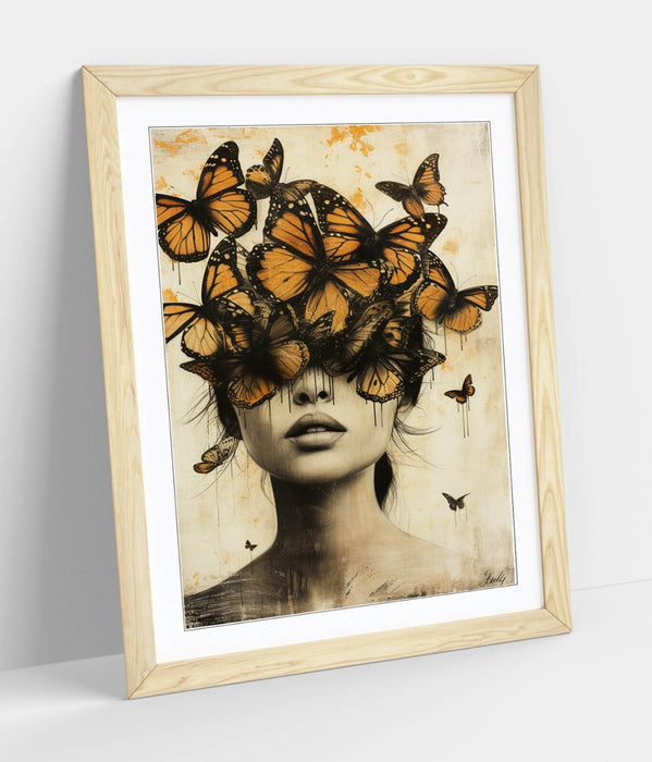 Framed Wall Art Poster – Woman Butterfly Portrait Print with Natural Wood Frame