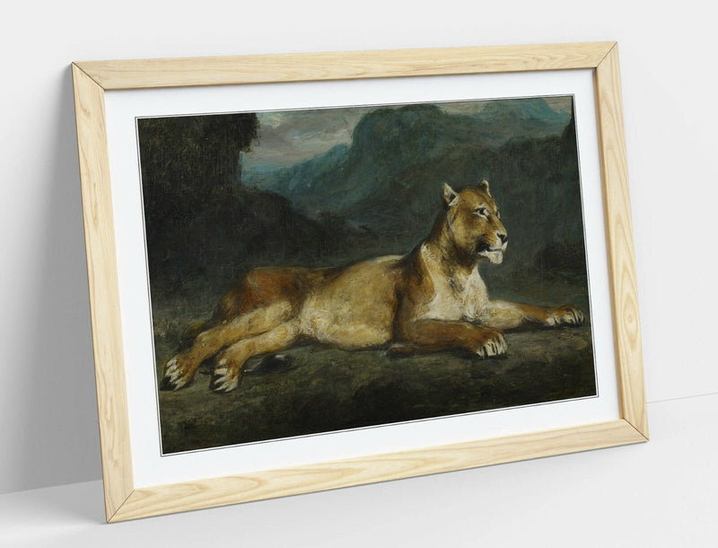 Framed Art Print - Eugene Delacroix Lioness Wall Art Poster With Woodgrain Frame