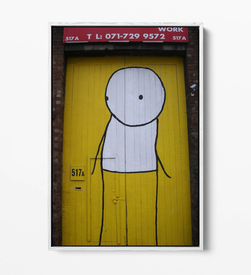 Canvas Wall Art - Stik Yellow Door Graffiti Artwork | Float Effect Canvas Print, Ready To Hang
