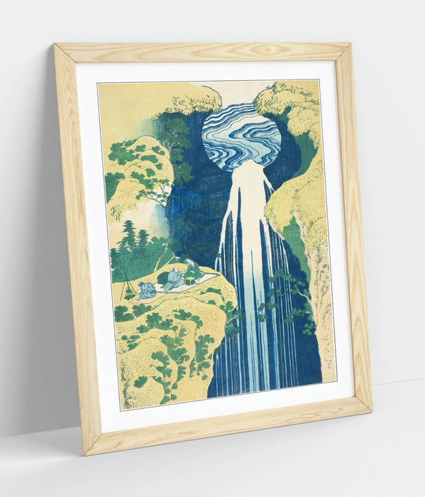 Framed Art Poster – Hokusai Amida Falls Artwork with Wood Grain Frame, Matte Paper Print