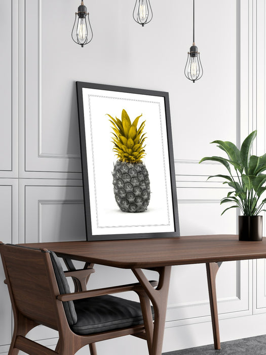 Framed Pineapple Poster – Mustard Yellow Art Print With Woodgrain Faux Frame