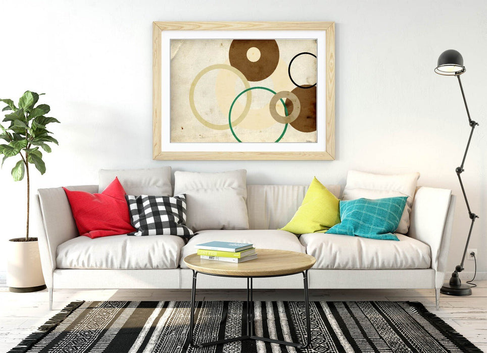Abstract Framed Poster - Brown Abstract Shapes Bedroom Wall Art with Woodgrain Frame