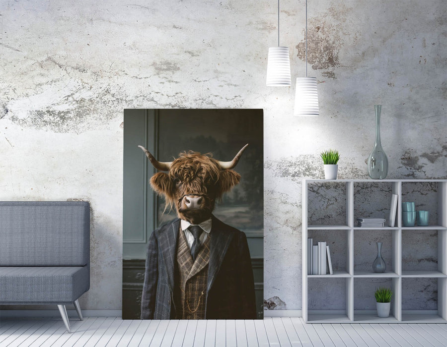 Highland Cow Canvas Art - Handmade Canvas Print | Anthropomorphic Cow In Suit Wall Decor