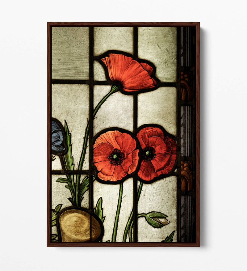 Float Effect Canvas Art - Stained Glass Poppies, Red Beige Wall Decor, Handmade UK