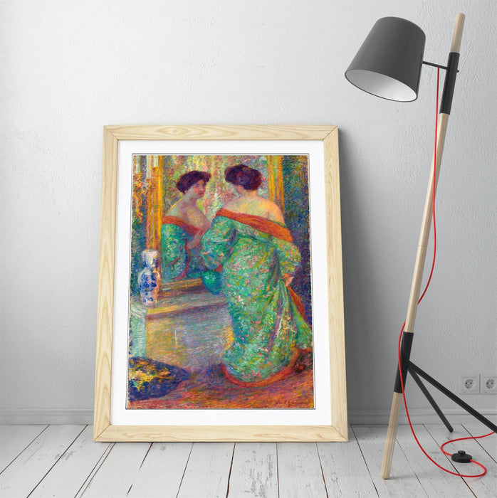 Framed Wall Art Poster – 'Lady Reflected in Mirror by Carl Newman' Print with Wood Grain Frame | UK Handmade