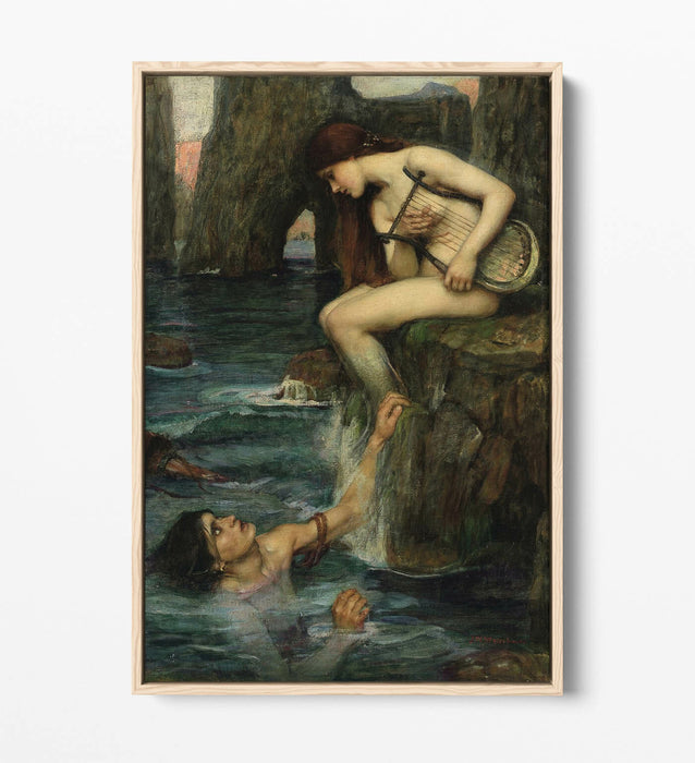 WATERHOUSE THE SIREN 1900 -FLOAT EFFECT CANVAS WALL ART PIC PRINT- GREEN BEIGE
