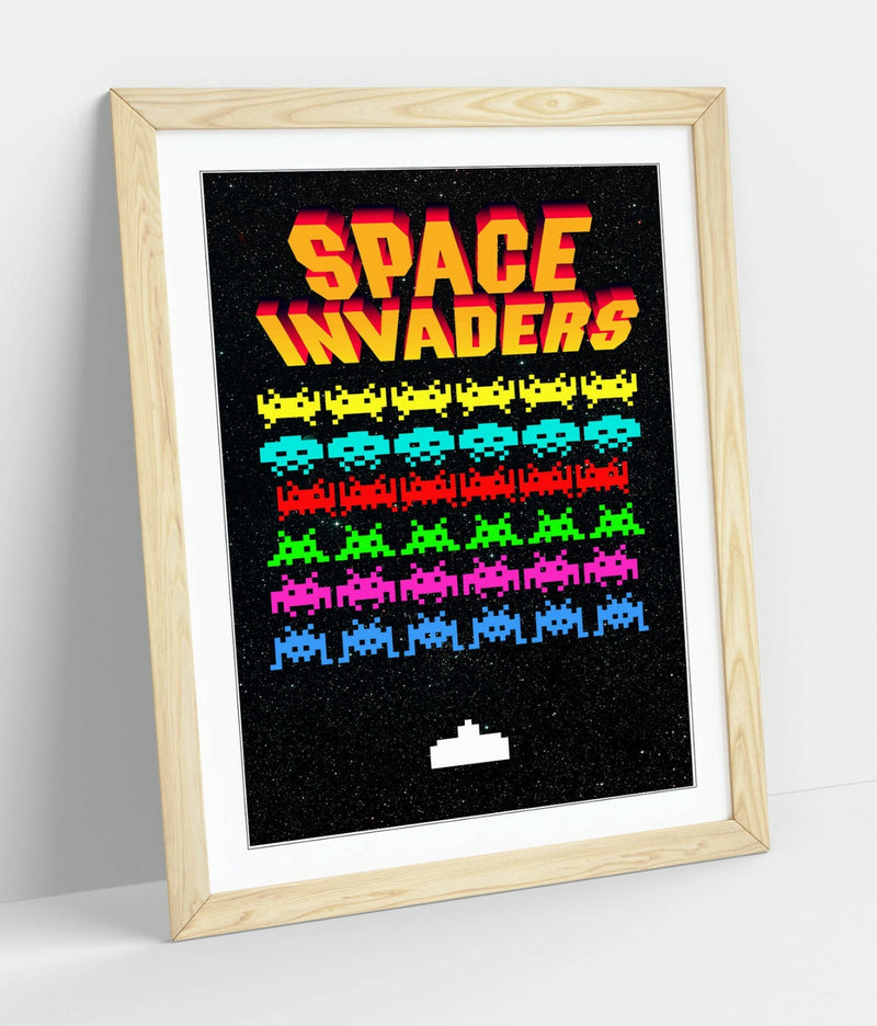 Retro Arcade Poster - Space Invaders Art Framed Game Print With Woodgrain Faux Frame