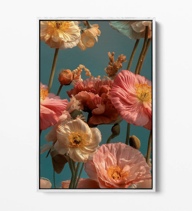 Pink White Flower Canvas - Floral Wall Art With Float Effect Frame, Ready To Hang