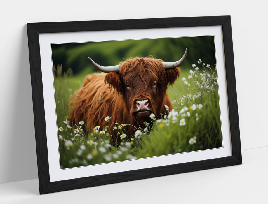 Highland Cow Wall Art – Framed Art Print With Flower Field Poster, Rustic Home Decor