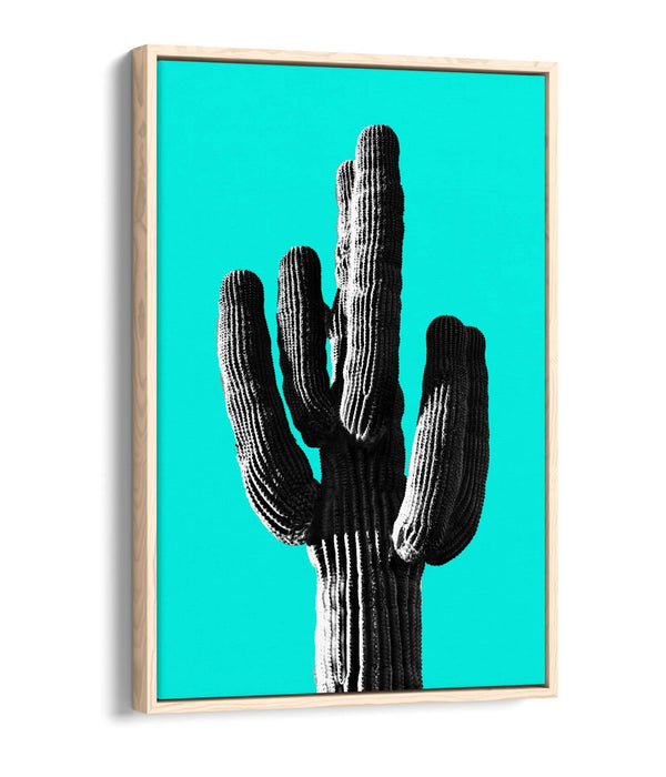 TRENDY B&W CACTUS POP ART CYAN -FLOAT EFFECT CANVAS WALL ART PRINT