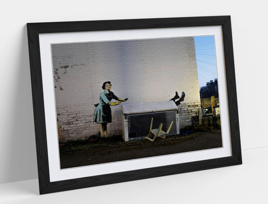 Banksy Framed Wall Art – Valentine's Day Graffiti Poster Print with Woodgrain Frame