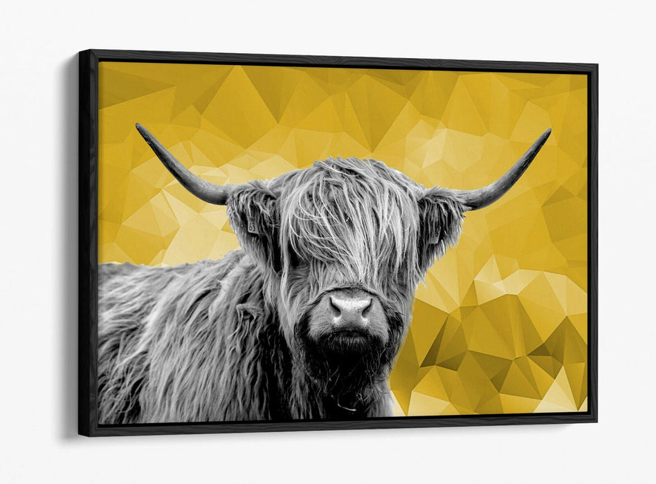 HIGHLAND COW MUSTARD YELLOW GEOMETRIC -FLOAT EFFECT CANVAS WALL ART PIC PRINT-