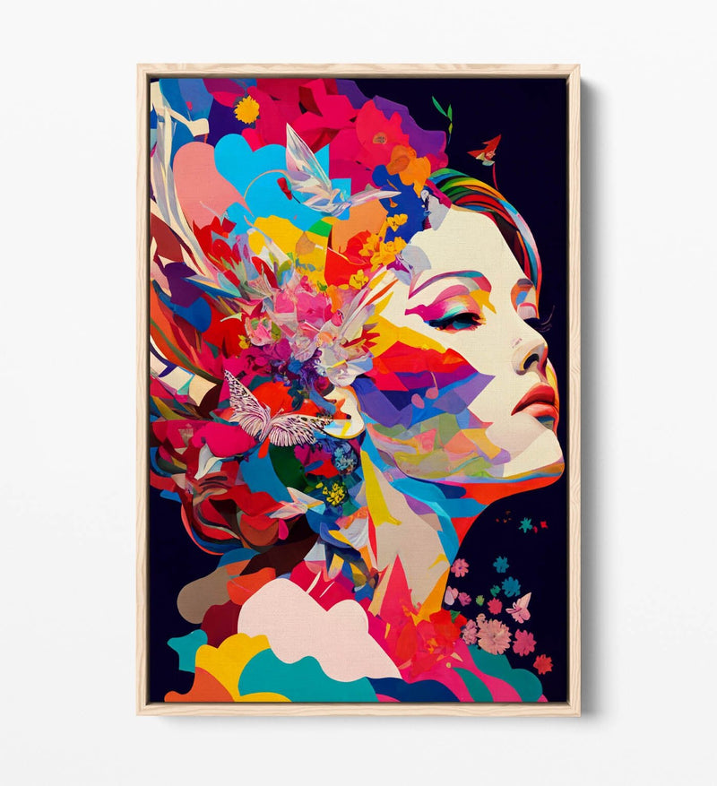 Canvas Wall Art Print - Multicolour Abstract Woman With Float Effect Frame