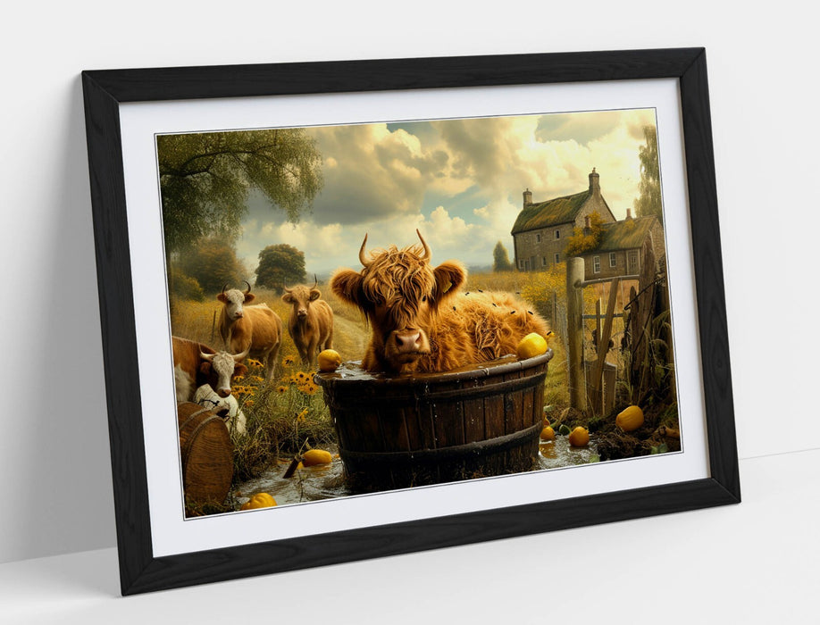 Highland Cow Wall Art – Framed Bathroom Decor Print With Woodgrain Frame