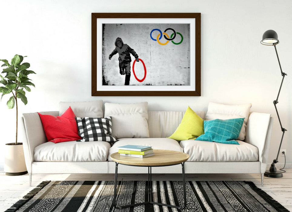 BANKSY OLYMPIC RINGS -ART FRAMED POSTER PICTURE PRINT ARTWORK- RED YELLOW BLUE