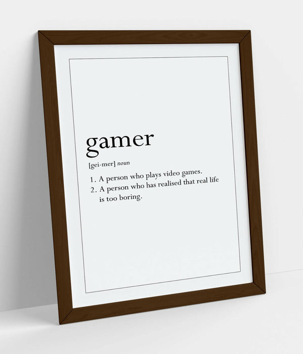 GAMER DEFINITION FUNNY QUOTE SLOGAN BEDROOM HOME -FRAMED WALL ART PICTURE PRINT