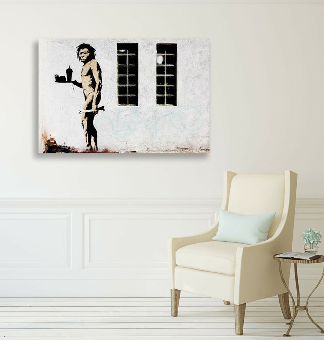 BANKSY FAST FOOD CAVEMAN CANVAS WALL ART PRINT ARTWORK GRAFFITI DEEP FRAMED