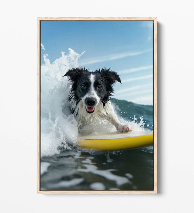 Border Collie Canvas - Funny Surfing Dog Art | Float Effect Handmade Wall Art