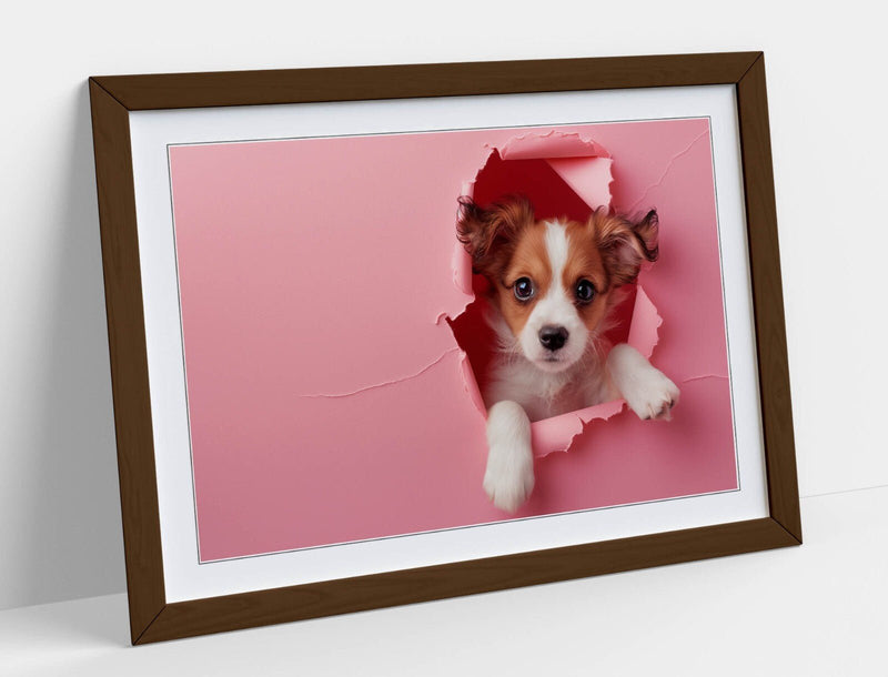 Puppy Wall Art – Framed Cute Puppy Poster With Pink Wall Decor, Ready To Hang