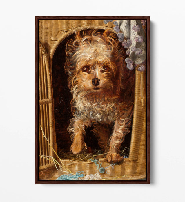FREDERICK SANDYS, DARBY IN HIS BASKET KENNEL -FLOAT EFFECT CANVAS WALL ART PRINT