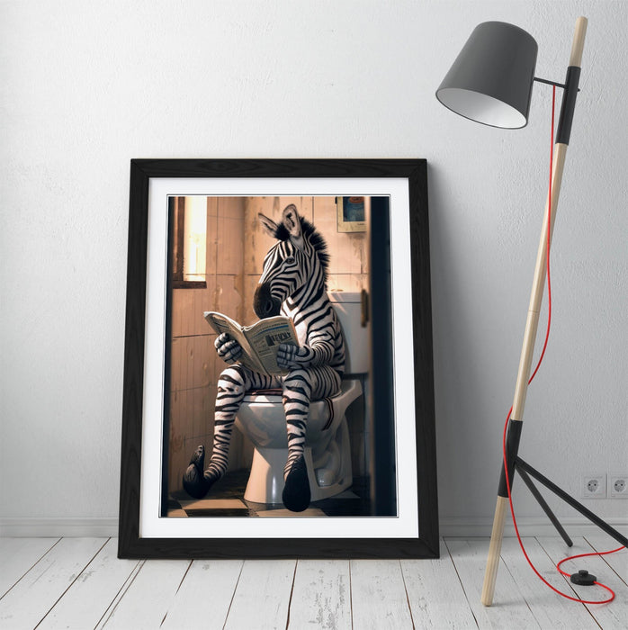 Funny Zebra Wall Art – Framed Poster Print With Woodgrain Frame Finish