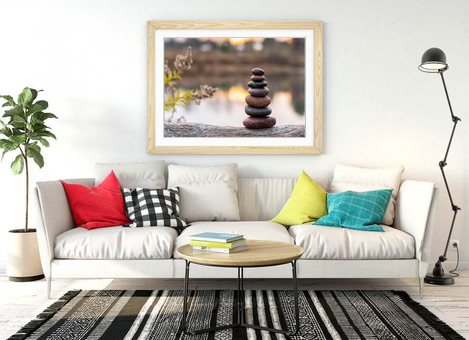 Zen Stones Wall Art – Framed Brown Stacked Stones Print on Tree Trunk | Home Decor