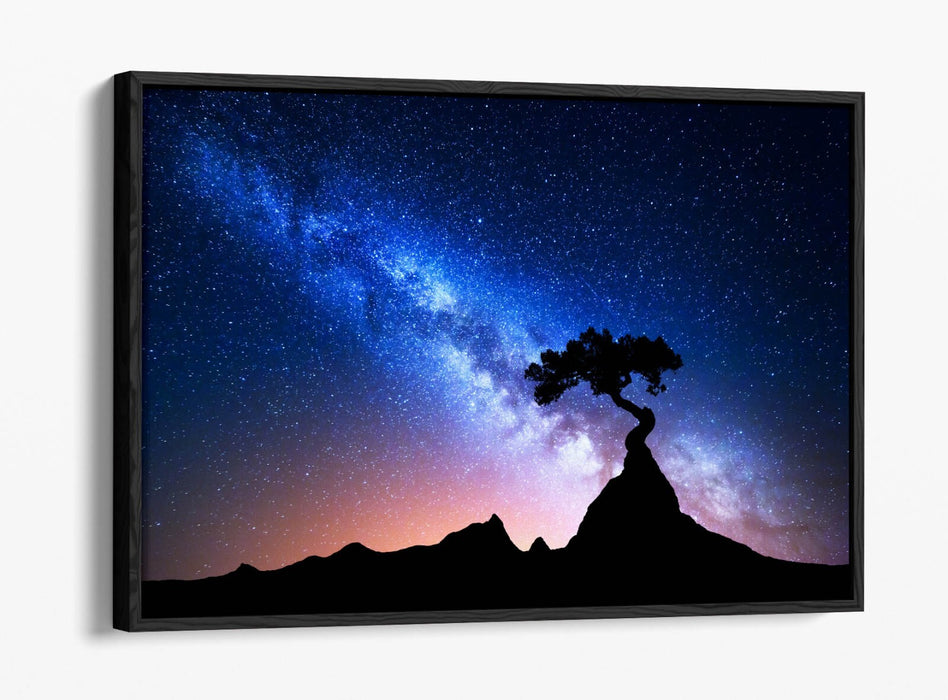 Canvas Wall Art - Tree Silhouette Blue Starry Night Float Effect Print