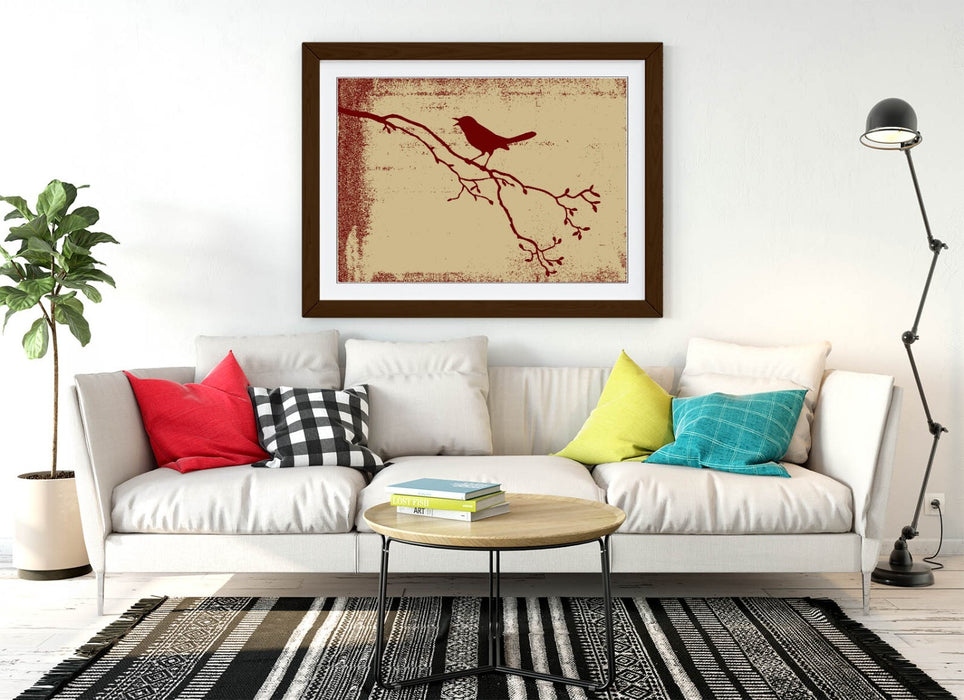 Framed Bird Wall Art – Red Silhouette Tree Branch Print | Handmade Home Decor