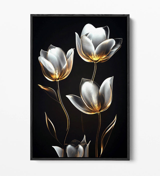 Canvas Wall Art - Silver And Gold Tulip Flower Print With Float Effect Frame