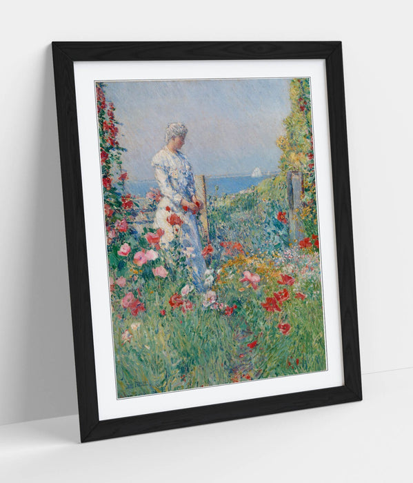 Framed Wall Art - Childe Hassam Garden Art Print With Woodgrain Frame Finish