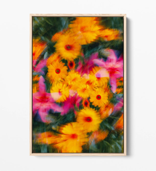 Float Effect Canvas Art - Colourful Blurred Yellow Pink Flowers on Premium MDF Frame