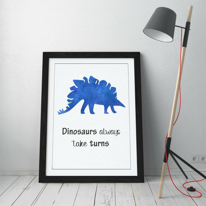 "DINOSAURS ALWAYS TAKE TURNS" WATERCOLOUR NURSERY -FRAMED WALL ART PICTURE PRINT