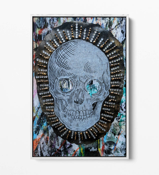 SKULL EAST LONDON GRAFFITI -FLOAT EFFECT CANVAS WALL ART PIC PRINT- BLUE GREY