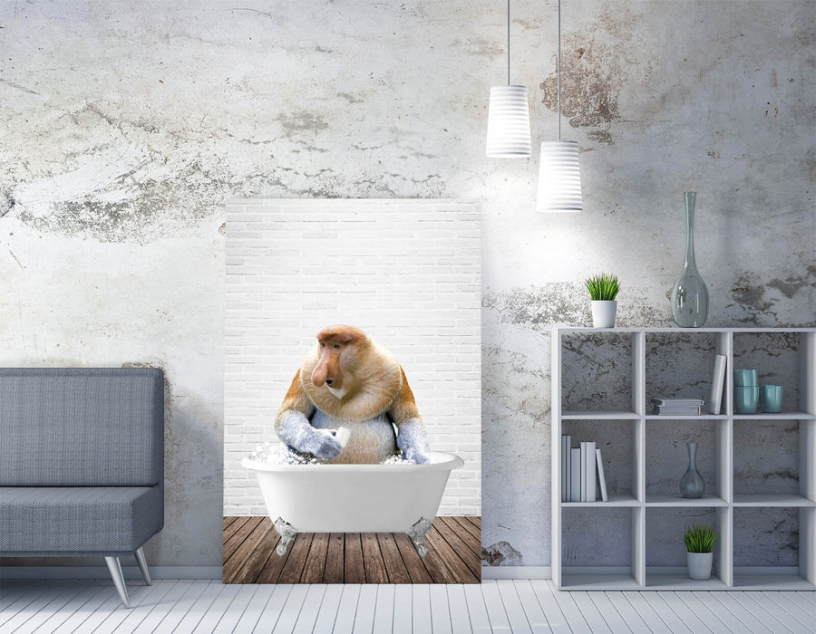 PROBISCUS MONKEY IN BATH -CANVAS WALL ART PRINT ARTWORK ANIMAL FRAMED BATHROOM