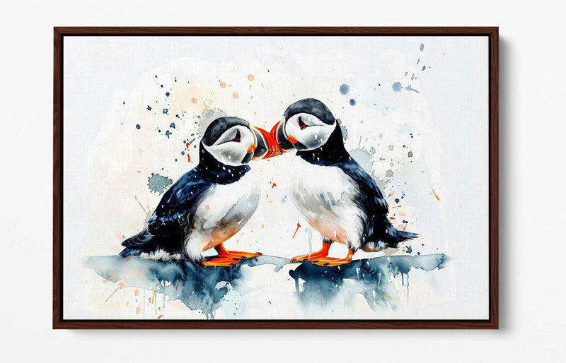 Puffins Canvas Art - Cute Couple Kissing | Premium Float Effect Frame Wall Decor