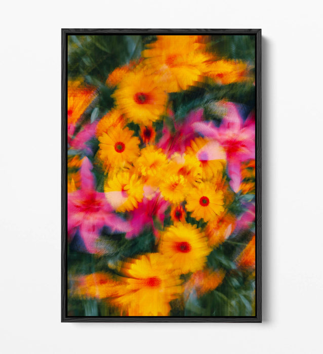 Float Effect Canvas Art - Colourful Blurred Yellow Pink Flowers on Premium MDF Frame