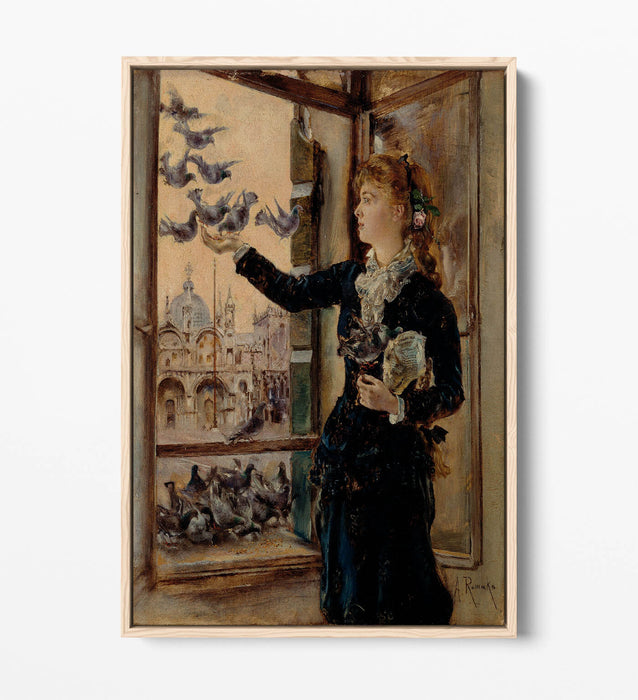 Canvas Wall Art Print – Girl Feeding Pigeons | Float Effect Handmade Canvas Art